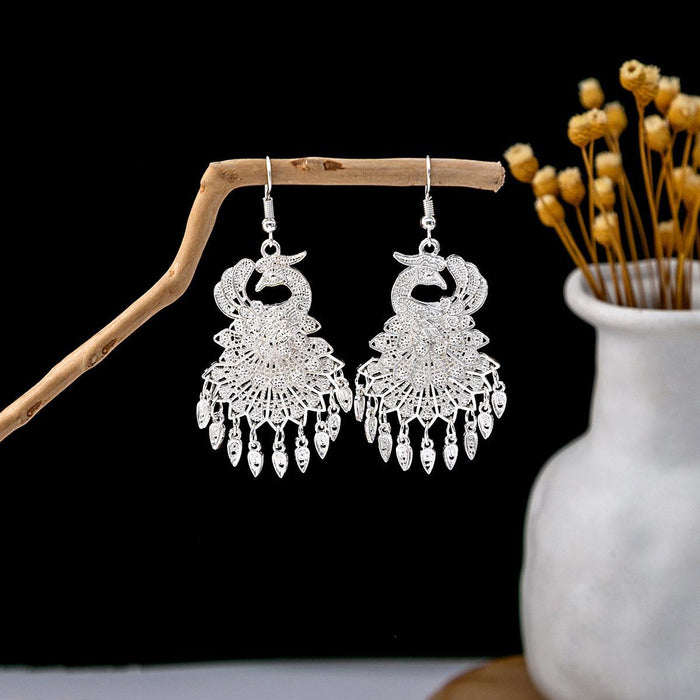 Wholesale Cloisonne Peacock earrings  silver minority totem Phoenix bell earrings