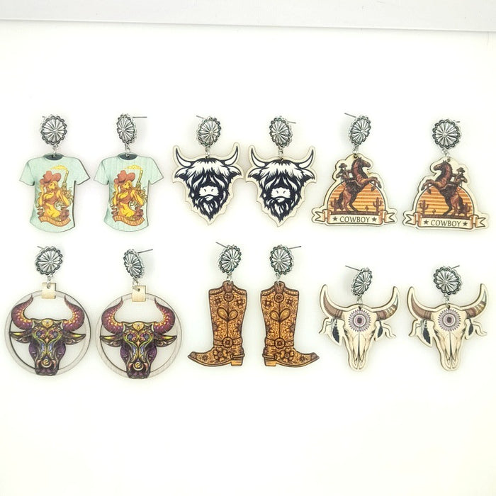 Wholesale Western Cowboy Style Wooden Printed Earrings JDC-ES-Yinxue003