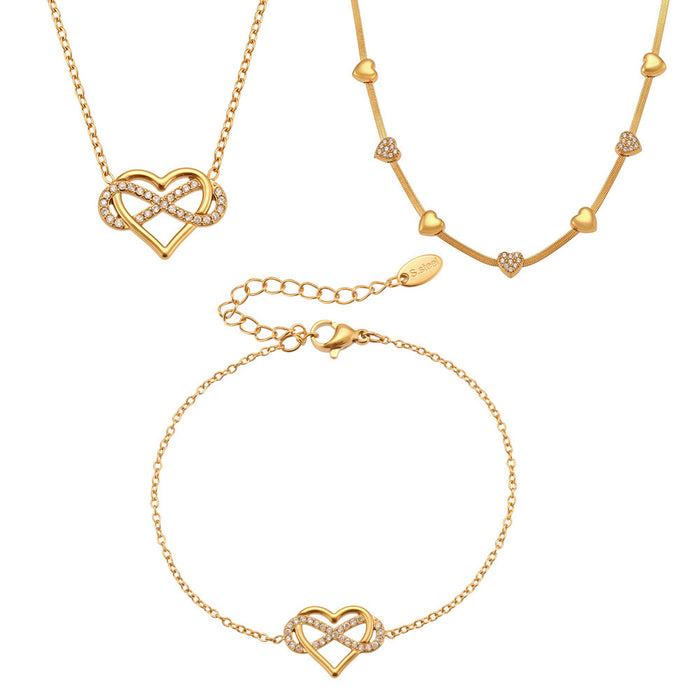Wholesale Full-Pavé Heart Layering Titanium Steel Necklace &  Bracelet Set