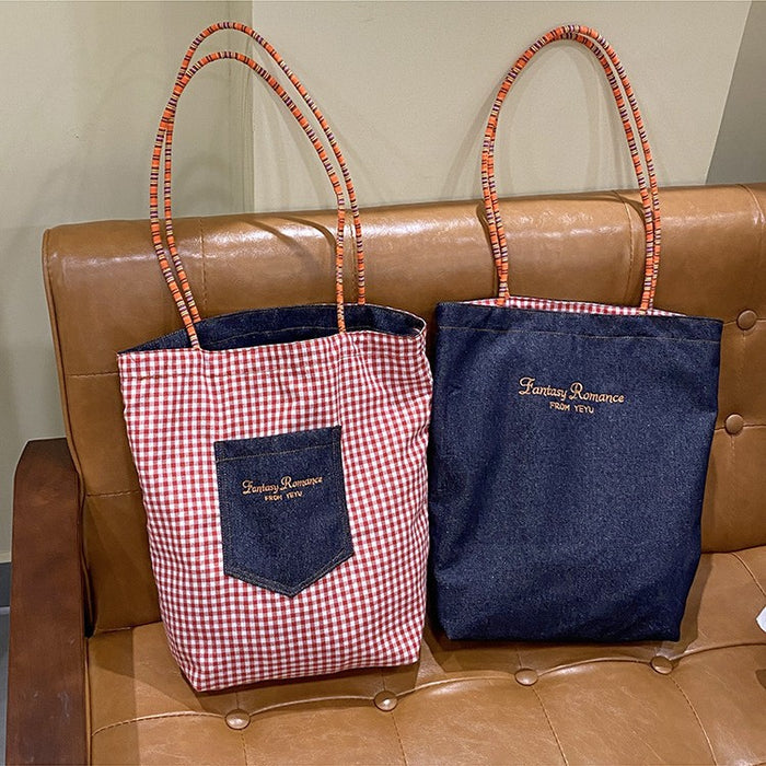 Wholesale Double sided denim shoulder bag, fashionable large capacity hand-held canvas bag, retro tote bag