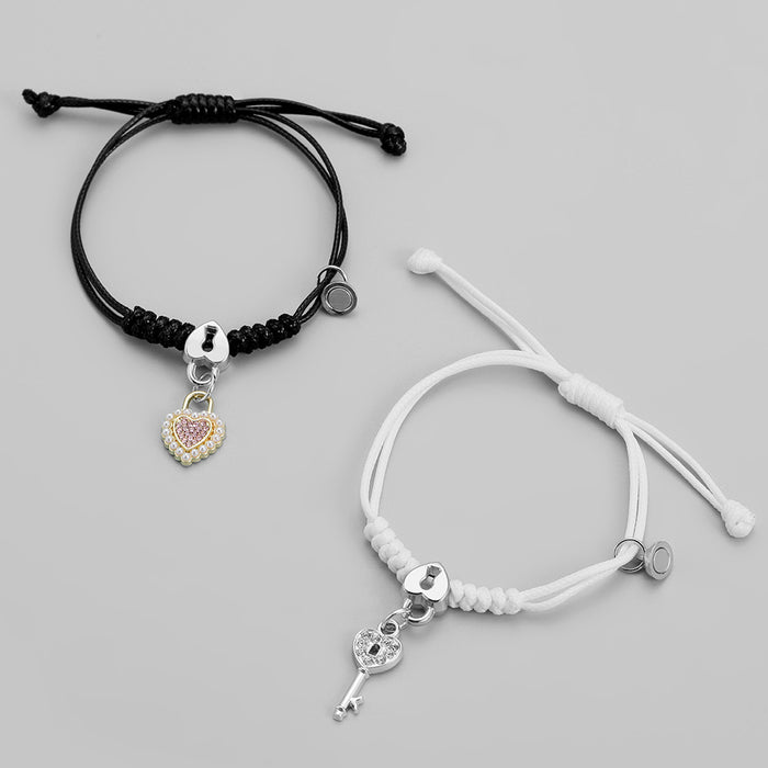 Wholesale Fashionable, versatile, personalized, trendy, high-end, heart key, stone suction couple bracelet set