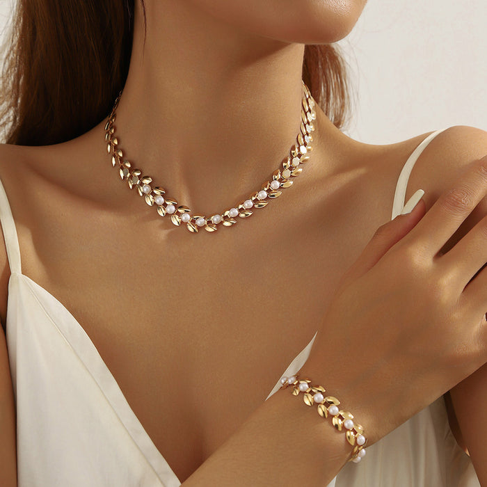 Wholesale Alloy Pearl Rhinestone Bridal Jewelry Set - 2 Piece Necklace Earrings MOQ≥2