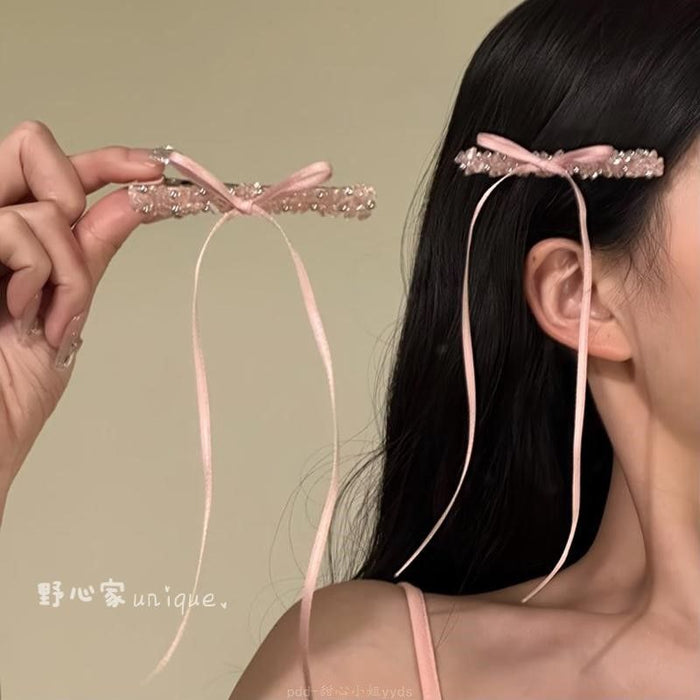 Wholesale Pink Sweet Diamond Hairpin Bow Ribbon Side Clip Hairpin