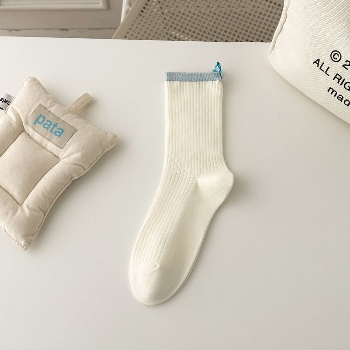 Wholesale Striped mid tube socks with heart-shaped fabric label, double needle long tube stacked socks