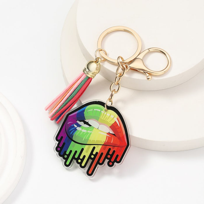 Wholesale Acrylic Color Mouth English Letters LOVE IS LOVE Rainbow Tassel Keychain JDC-KC-RongRui034