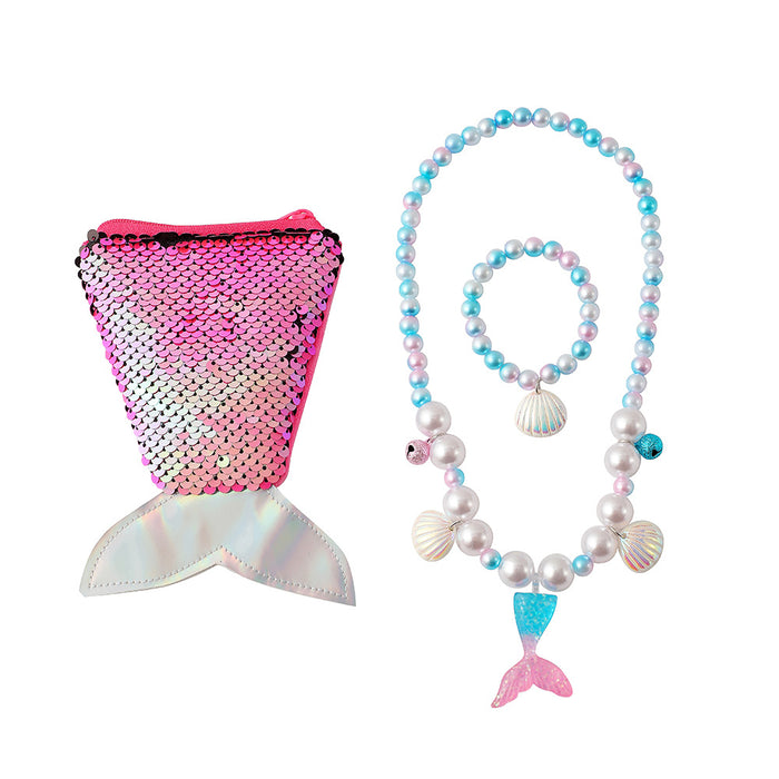 Wholesale Children' s new synthetic pearl jewelry set cute cartoon mermaid tail beaded necklace bracelet earring set