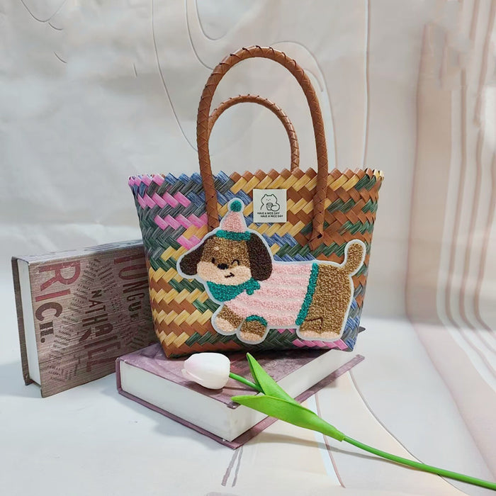 Wholesale Cute Cartoon Rags Woven Bag Imitation Straw Woven Bag Seaside Shoulder Handbag