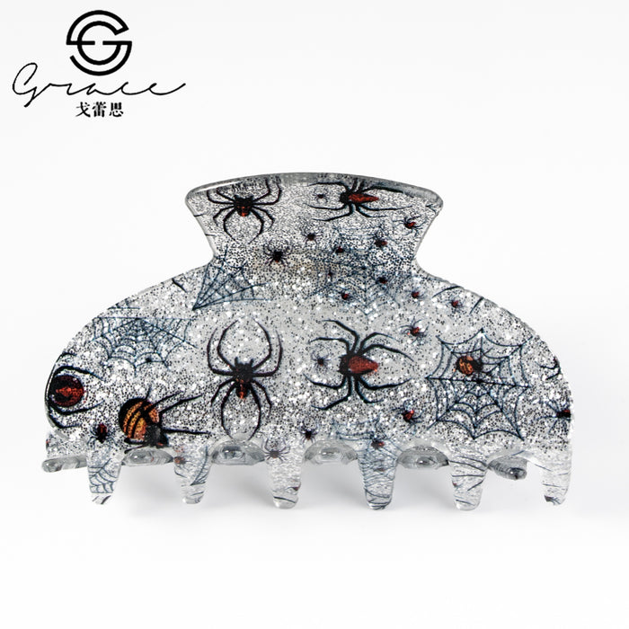 Wholesale Acrylic Claw Hair Clip With Bat Pumpkin Ghost Print Women S Fashion Accessory