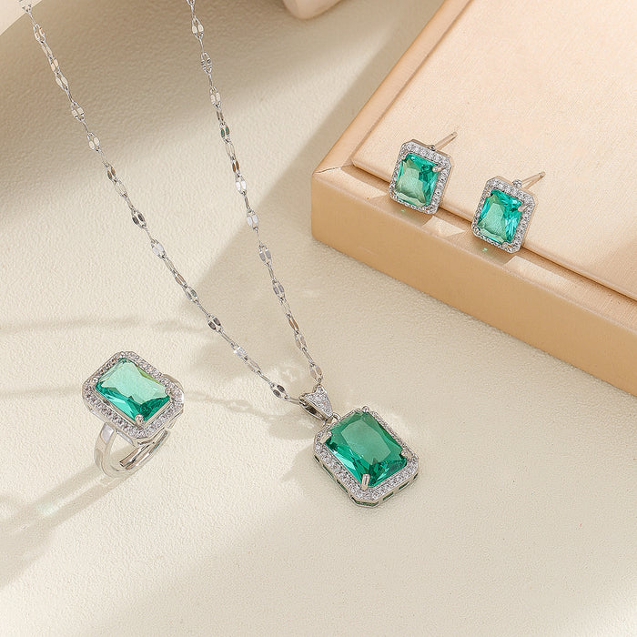 Wholesale retro square zircon three-piece set of niche all-match high-end sense pendant earrings ring suit