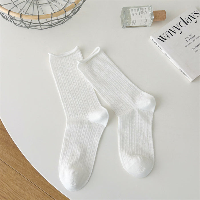 Wholesale Thin socks, children's summer hollow mesh pile socks, rolled edge socks, solid color mid tube socks