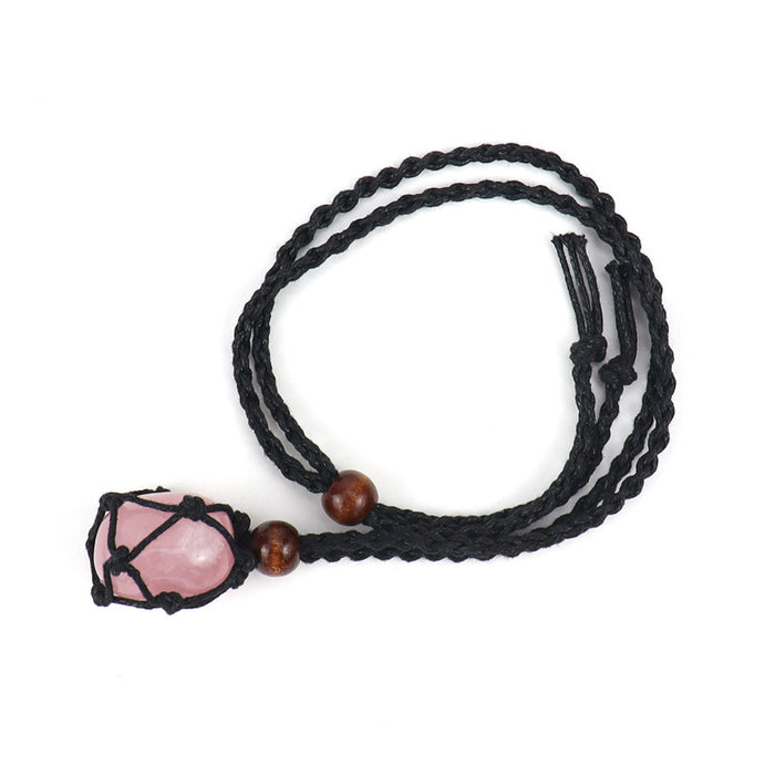 Wholesale Crystal Raw Stone Natural Stone Black Mesh Pocket Woven Necklace Adjustable Raw Stone Mesh Pocket Sweater Chain JDC-NE-HXu001