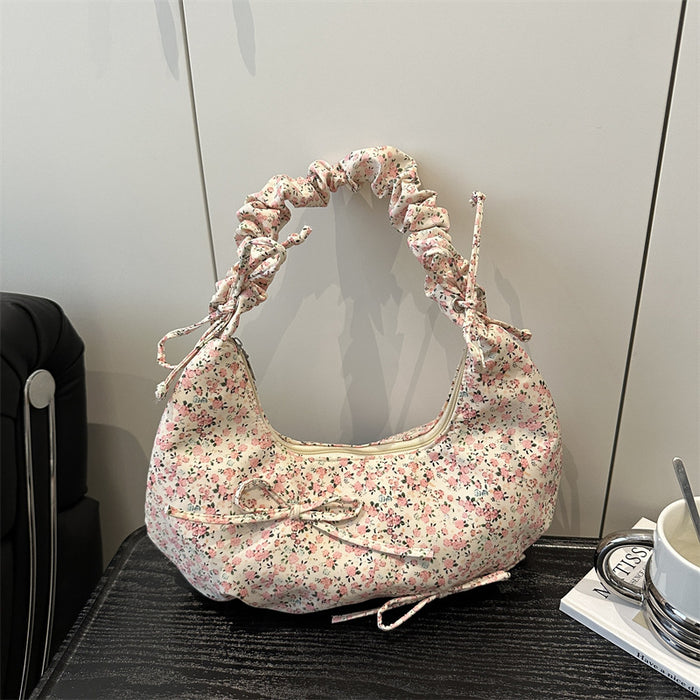 Wholesale Bowknot Floral Pleated Cloud Bag Women' s One-shoulder Underarm Bag Casual Crossbody Canvas Bag