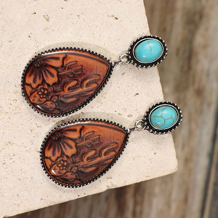 Wholesale Artistic retro ethnic style drop-shaped brown turquoise alloy earrings