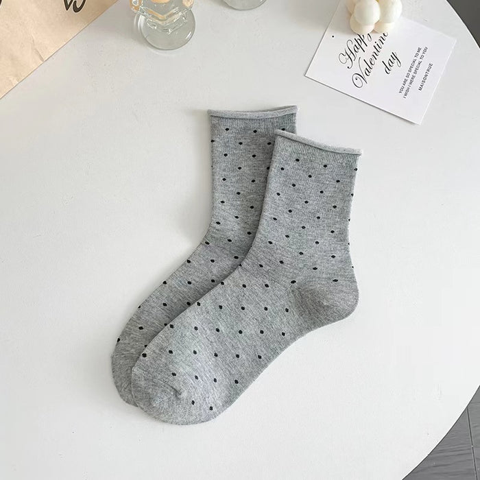 Wholesale Curled edge polka dot socks, mid tube socks, anti odor and sweat absorbing, summer thin style, spring and autumn breathable pile socks