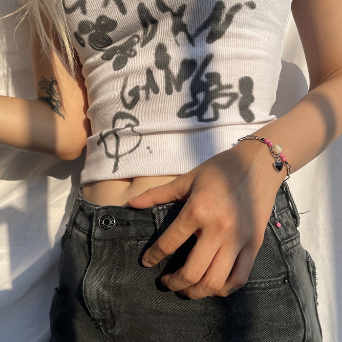 Wholesale Heart-shaped beaded stainless steel gold chain bracelet