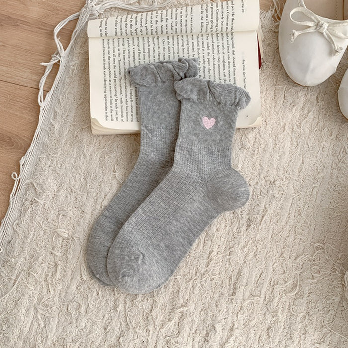 Wholesale Socks with heart-shaped embroidery, thin cotton bubble edge, short tube socks, boneless and breathable