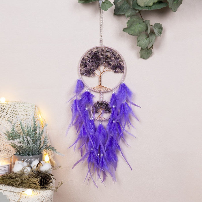 Wholesale Feather Dreamcatcher Wall Hanging with Tree of Life Design and Natural Stone Accents