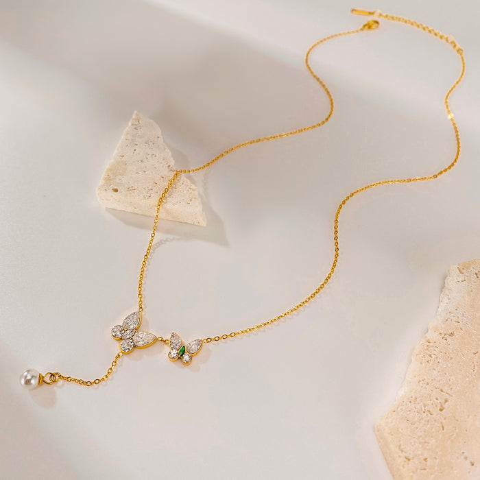 Wholesale Stainless steel necklace, fashionable and versatile for commuting, butterfly pearl, titanium steel lock chain