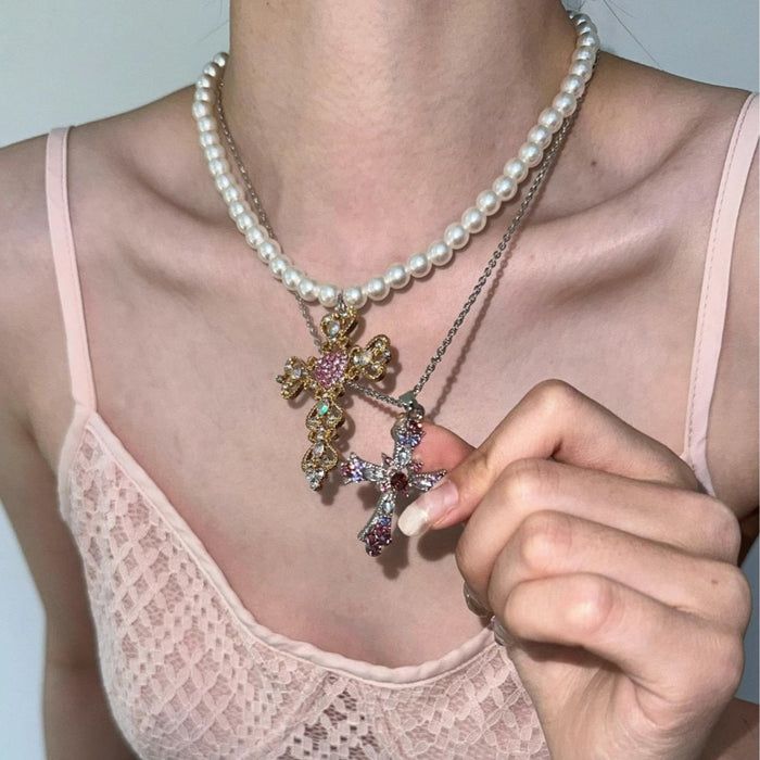 Wholesale Cross Necklace with Exaggerated Colorful Diamonds and Pearls Style Collarbone Chain