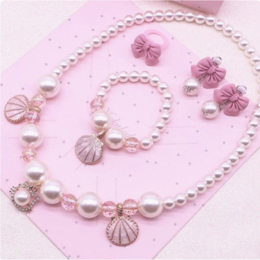 Wholesale children princess bow shell pearl necklace suit