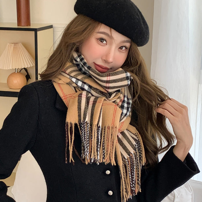 Wholesale  Winter Classic Plaid Faux Cashmere  Tassel Shawl