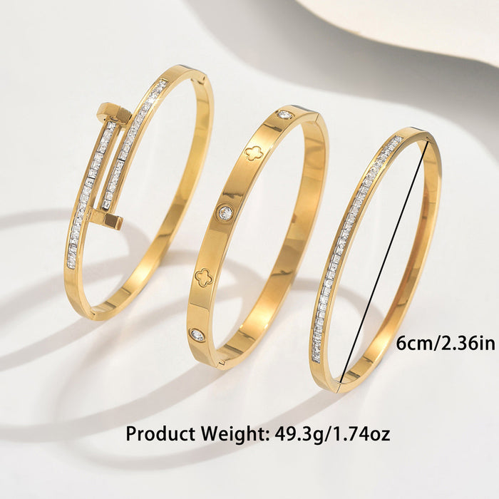 Wholesale Trendy Titanium Steel Bracelet With Zircon Studs Four Leaf Clover Starry Design