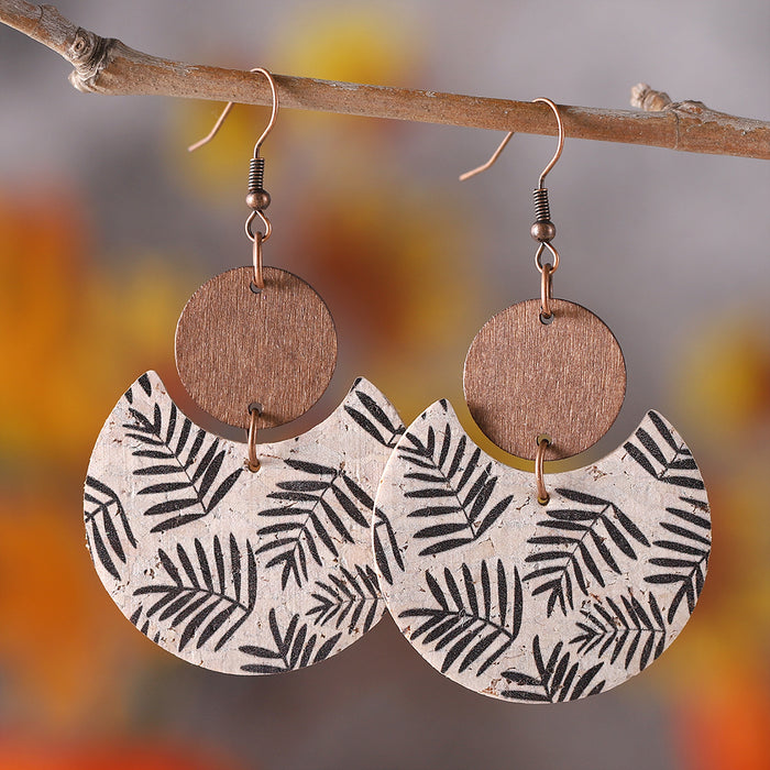 Wholesale Bohemian distressed floral and leaf-printed leather and wood ing pendant earrings double-sided earrings