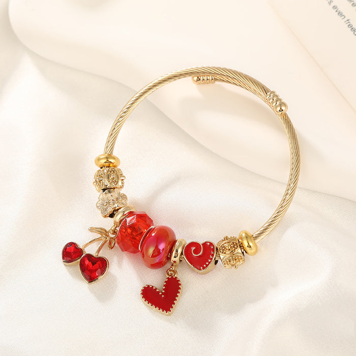 Wholesale Sweet Cherry Heart Bead Bracelet Women' s Stainless Steel Adjustable MOQ≥2