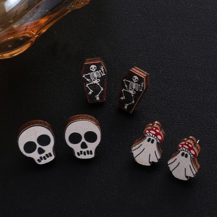 Wholesale Halloween Skull Spider Web Print Pendant Wood Earrings JDC-ES-JunJie009