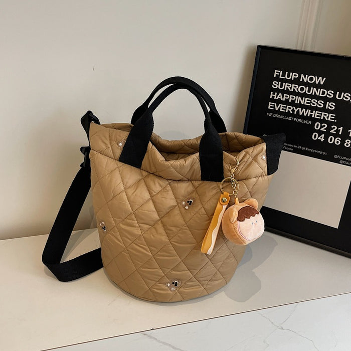 Wholesale Cute Bear Embroidered Large Capacity Portable Bucket Bag Autumn and Winter Rhombic Plaid Cotton-padded Suit Shoulder Bag Trendy Crossbody Bag