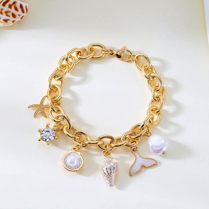 Wholesale Ocean Seashell Starfish Pearl Necklace and Bracelet Set Alloy Electroplated Fashion Accessory
