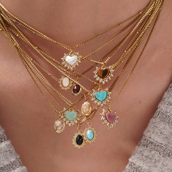 Wholesale Simple natural stone heart necklace versatile and high-end stainless steel necklace paired with blue pine tiger eye stone