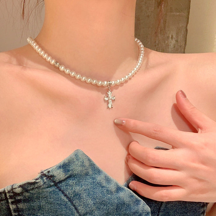 Wholesale Double-Layer Layered Cross and Pearl Choker Necklace