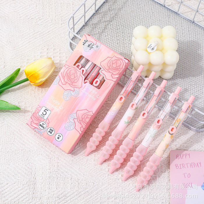 Wholesale 5pcs/set Steel Clip Pen Chandler Rose Gel Pen Quick-dry Brush Pen  Girl' s Heart Push Pen