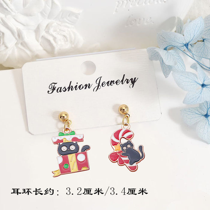 Wholesale Metal Alloy Christmas Earrings Cute Black Cat Design Party Gift for Women MOQ≥2