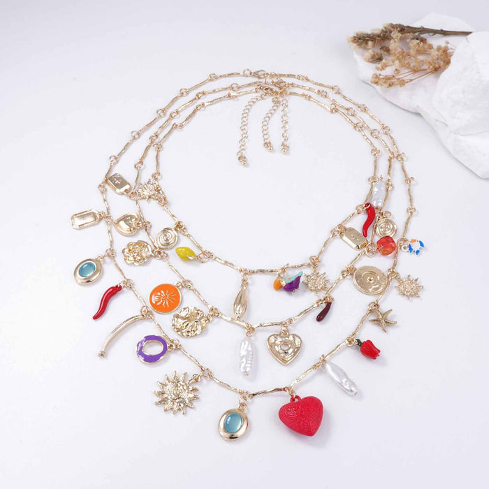 Wholesale drop oil red love alloy sunflower pendant multi-layered necklace