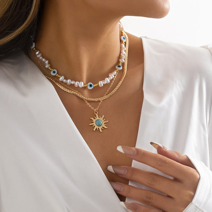 Wholesale Trendy retro octagonal star pendant necklace, layered with a high-end feel, Devil's Eye imitation pearl jewelry