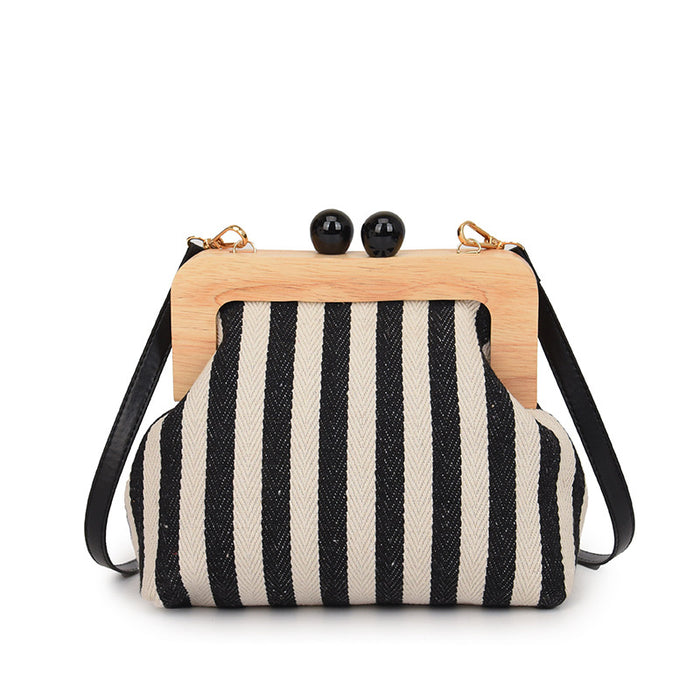 Wholesale Women' s striped canvas shoulder bag with wooden clasp