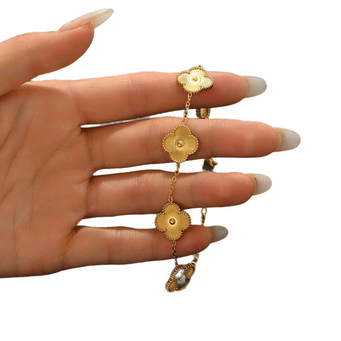 Wholesale Fashion Four Leaf Clover Titanium Steel Bracelet With Rhinestones Chic Jewelry Accessory