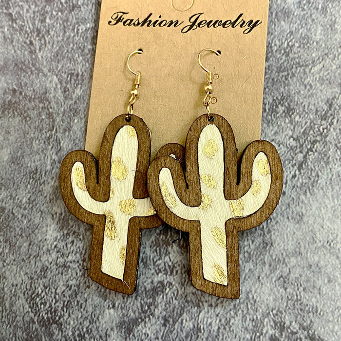 Wholesale Wood earrings dairy cow print leopard print leather horse hair inlaid cactus earrings