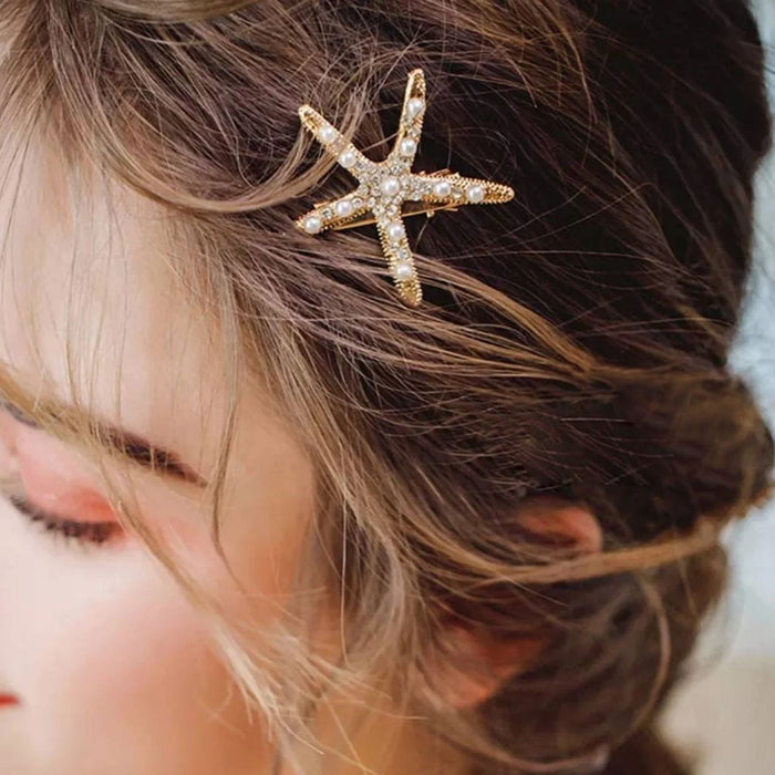 Wholesale Pearl Starfish Side Hairpin Marine Hair Accessories Pearl Metal Rhinestone Hairpin