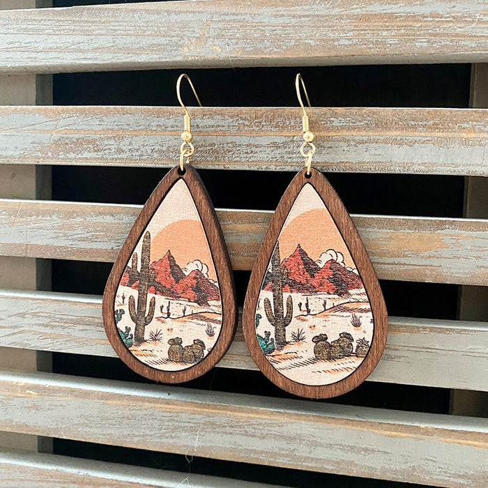 Wholesale Western Retro Wooden Earrings Aztec Water Drop Pattern Atmospheric