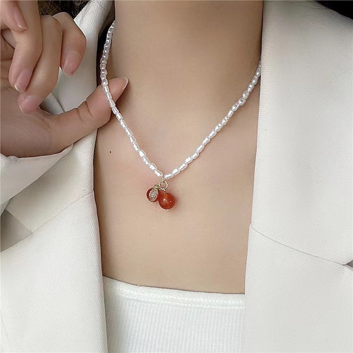 Wholesale Small niche design, collarbone chain, sweater chain, retro pearl cherry pendant necklace, luxury accessory