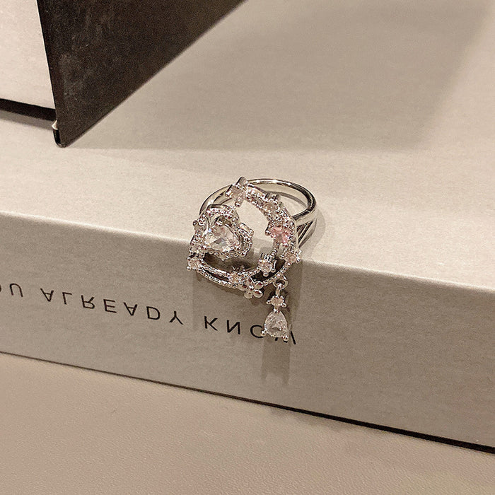 Wholesale Super Fairy Pink Diamond Tassel Ring Versatile Fashion Micro Inlaid Zircon Ring