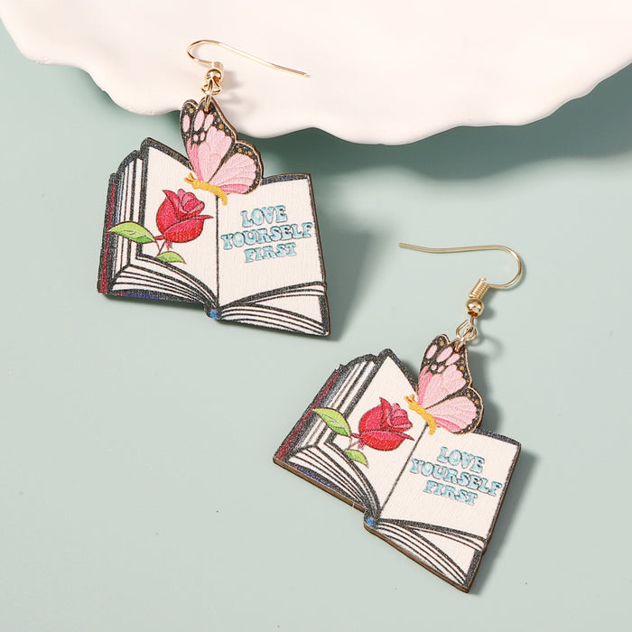 Wholesale geometric wooden painted rose butterfly letter earrings for women