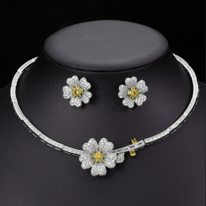 Wholesale Fashion Simple Camellia Zircon Jewelry suit Earrings Necklace suit Accessories