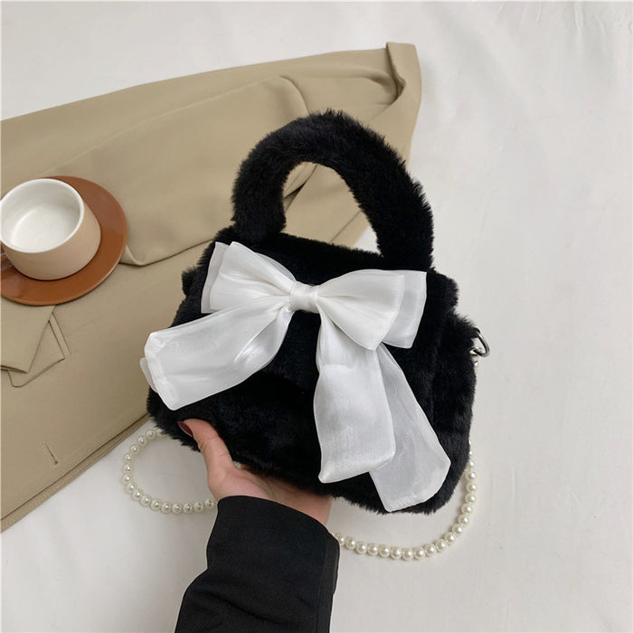 Wholesale Cute Bow New Plush Bag Commuting Plush Plush Pearl Handheld Single Shoulder Crossbody Bag