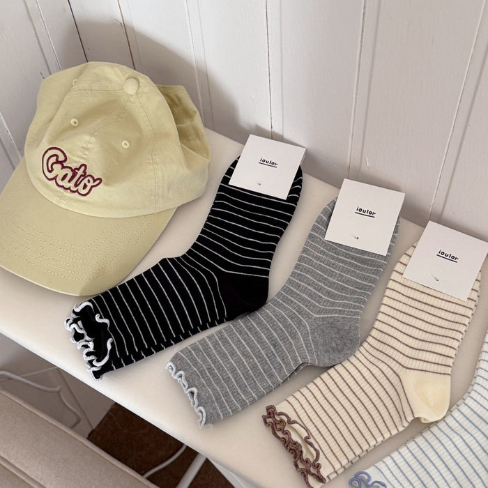 Wholesale Curled striped socks, mid tube socks, boneless socks, cotton socks