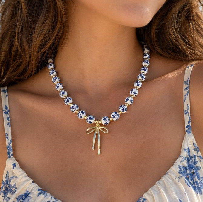 Wholesale Chinese Style Blue White Porcelain Ceramic Bead Butterfly Bow Necklace Fashion Accessory MOQ≥5