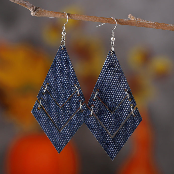 Wholesale Gradient blue denim geometric triple ing earrings Western Bohemian denim leather earrings